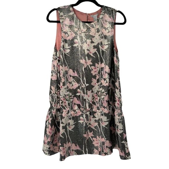 H&M Silver Metallic Pink Floral Elastic Peplum Silk Blend Dress‎ - Picture 1 of 8